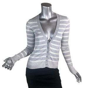 Express Women's XS Grey White Striped V Neck Cardigan Sweater Thin Knit Rhinesto